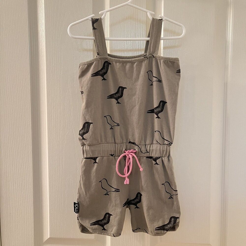 Moi Raven Crow Bird Romper Shortall Organic Cotton Olive Green Girls Size 5-6